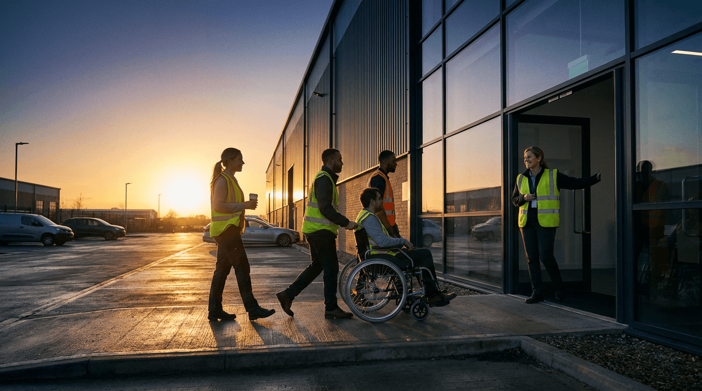 Diverse team arriving at a CleverPak partner facility at sunrise