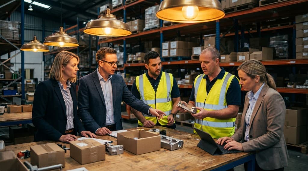 Corporate team inspecting products with warehouse workers