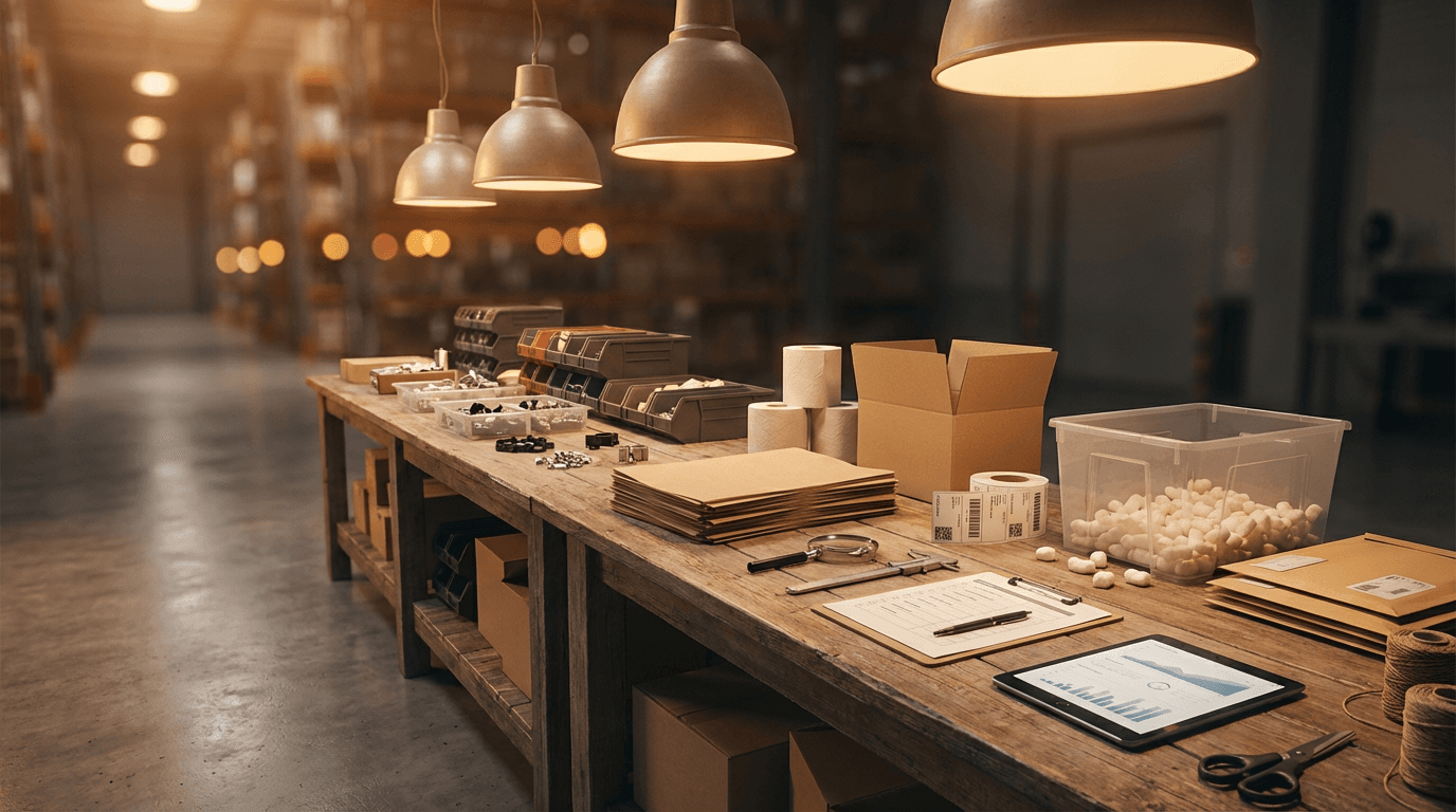 Workers in a warm, well-lit facility preparing products at workstations
