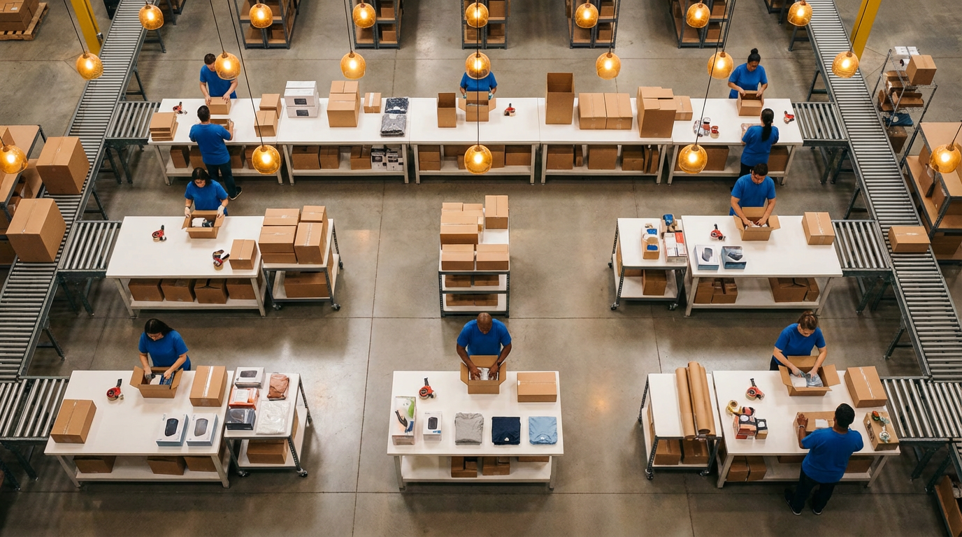 Illustrative overhead view of production teams preparing packs.