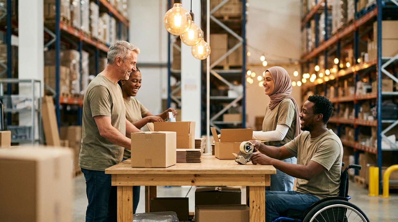 Illustrative scene of a diverse team packing products together.